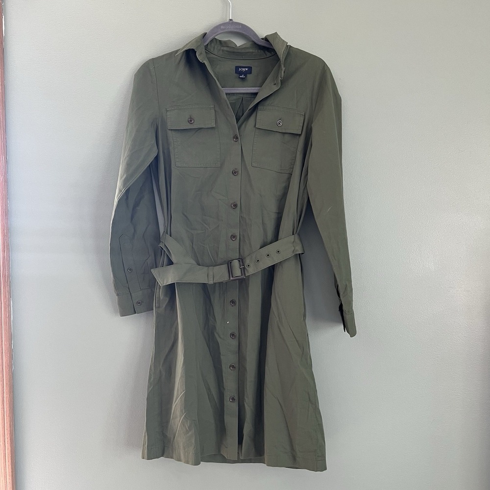 J. Crew Olive Green Long Sleeve Shirt Dress with Belt